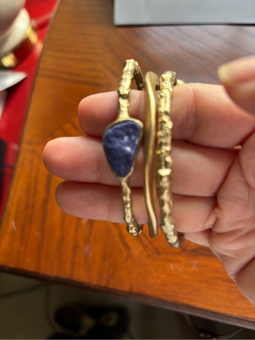 Set of 3 Gold Tone Bangle Bracelets Faux Lapis Druzy Style Stones Rustic Boho